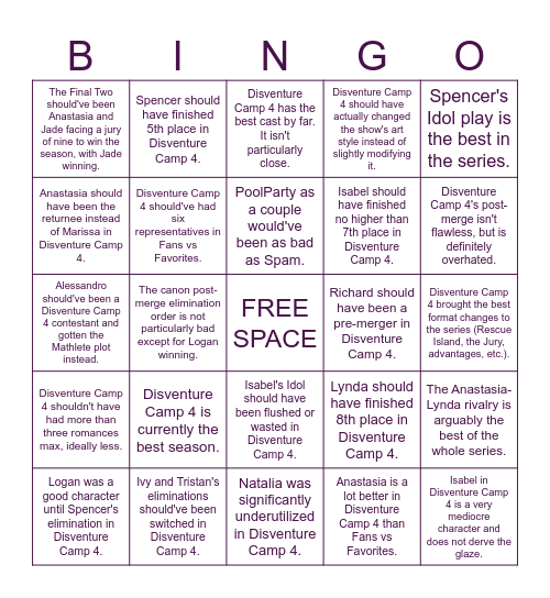 Disventure Camp 4 - hot (and cold) takes Bingo Card
