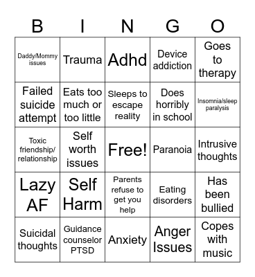 Mentally ill bingo Card