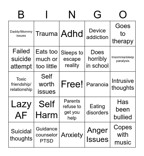 Mentally ill bingo Card