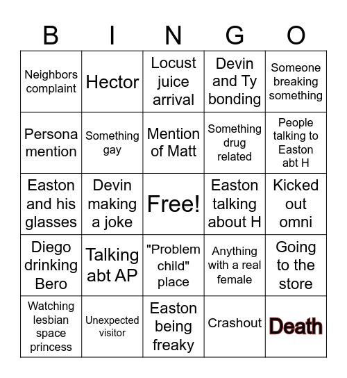 Ty's sleepover board Bingo Card