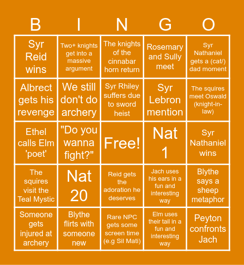 Squires Bingo Session 9 Bingo Card