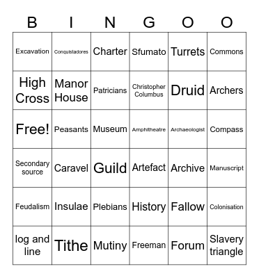 History Key Words Bingo Card