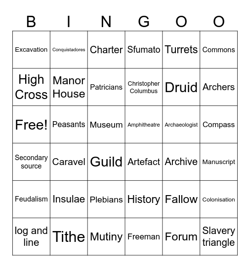 History Key Words Bingo Card
