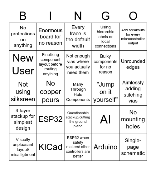 Horrible PCB design Bingo Card