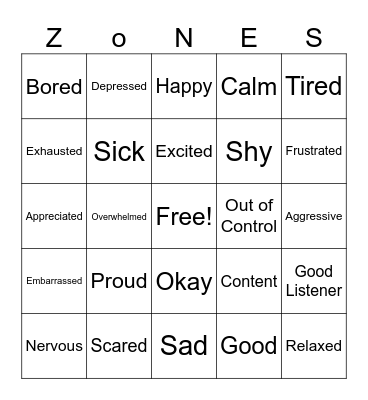 Zones of Regulation Bingo Card