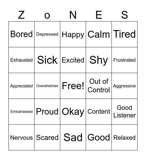 Zones of Regulation Bingo Card