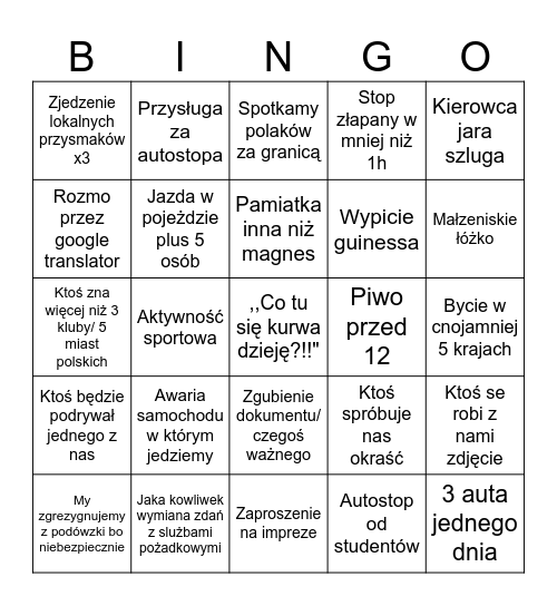 Autostop Grecja Bingo Card