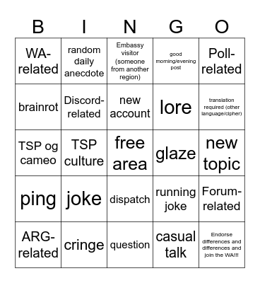 NationStates TSP RMB Bingo Card