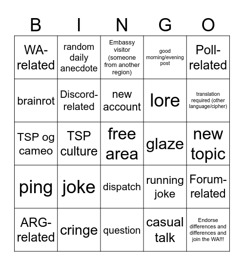 NationStates TSP RMB Bingo Card