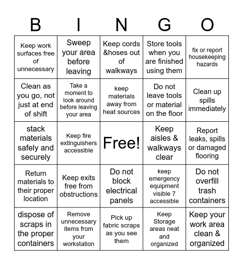 September Safety BINGO Card