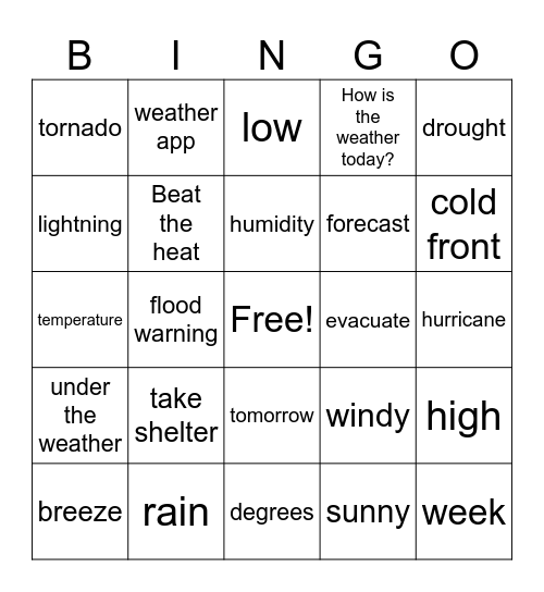 Weather Unit Bingo Card