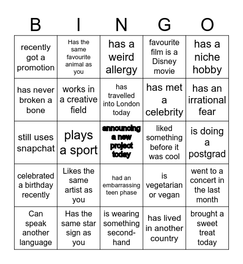 Get to know you BINGO Card