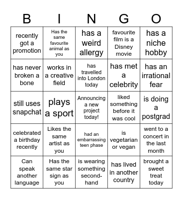 Get to know you BINGO Card
