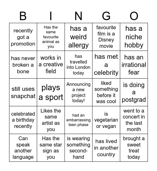 Get to know you BINGO Card