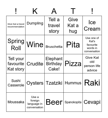 Kat's Birthday Quest Bingo Card