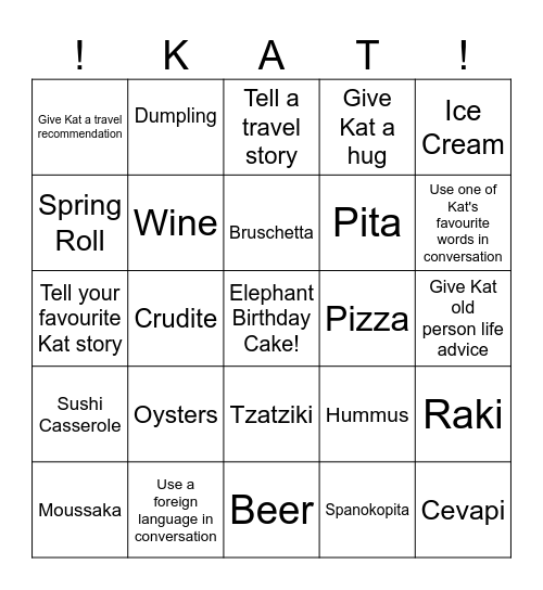Kat's Birthday Quest Bingo Card