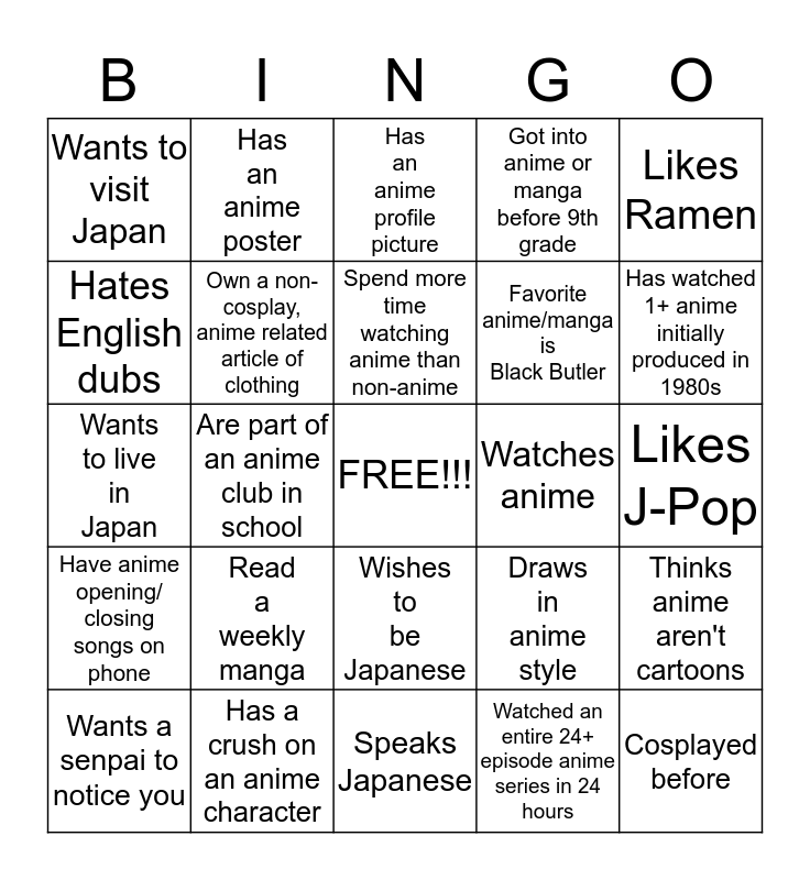 Manga/anime bingo.
