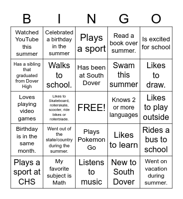 First Day of School Bingo Card