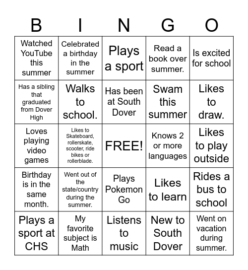 First Day of School Bingo Card