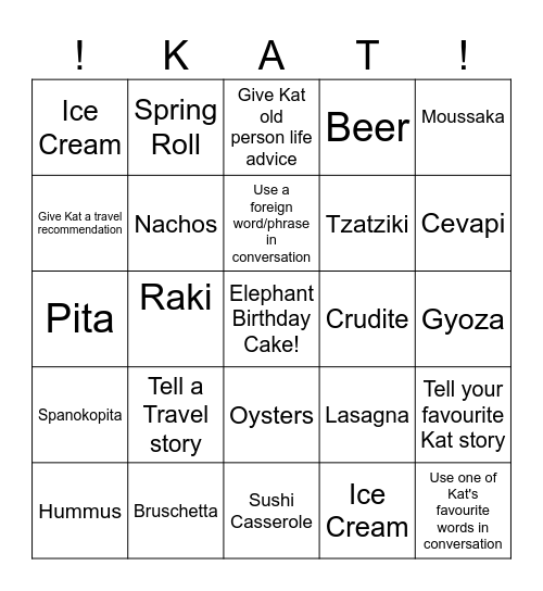 Kat's 40th Birthday Quest Bingo Card