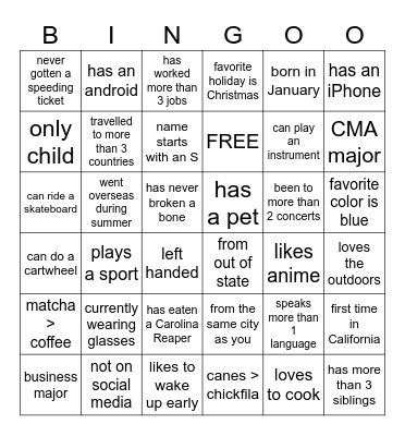 Get To Know You Bingo Card