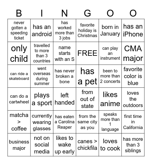Get To Know You Bingo Card