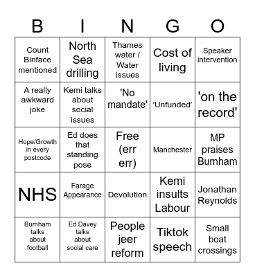 PMQs 3rd of September Bingo Card