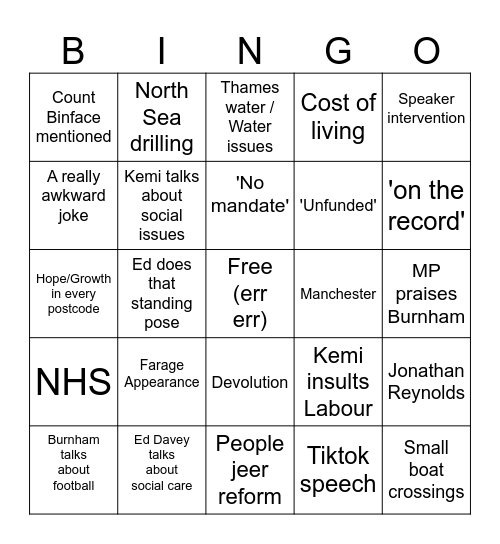 PMQs 3rd of September Bingo Card