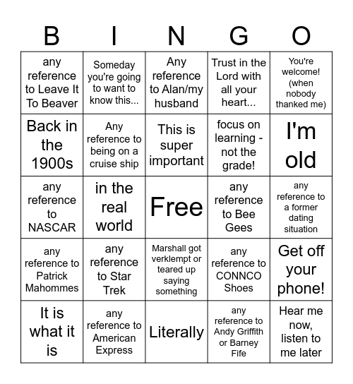 Marshall-isms Bingo Card