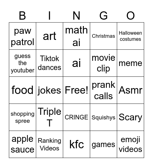 youtube shorts Bingo Card
