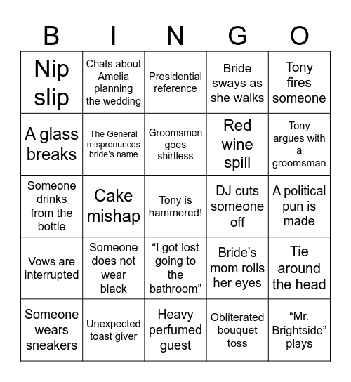 Tony and Lauren Bingo Card