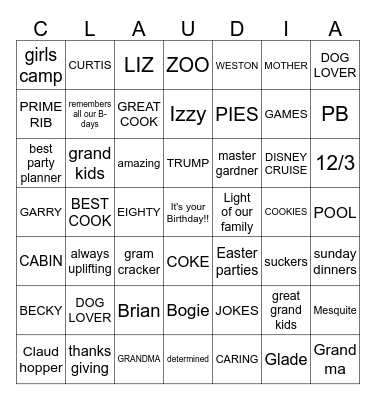 CLAUDIA'S BIRTHDAY BINGO Card
