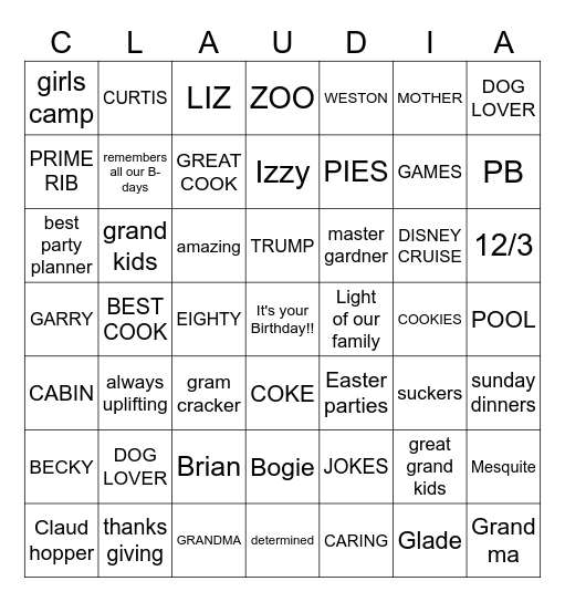 CLAUDIA'S BIRTHDAY BINGO Card