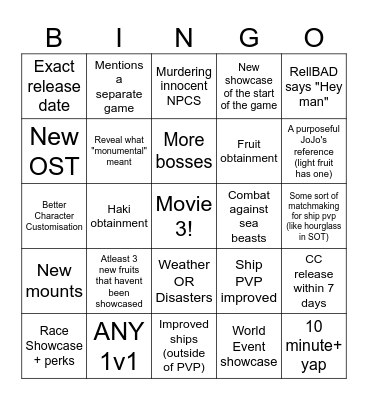 Rell Seas Bingo Card