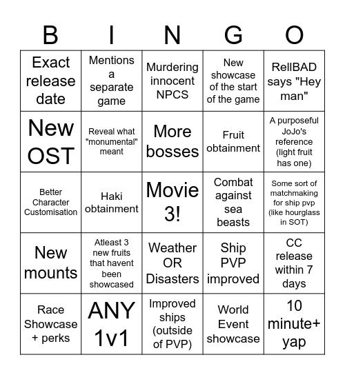 Rell Seas Bingo Card