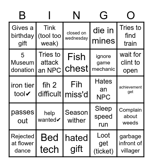 stardewrinking Bingo Card