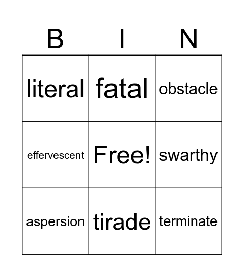 Vocabulary Aug. 30 - Sept. 5 Bingo Card