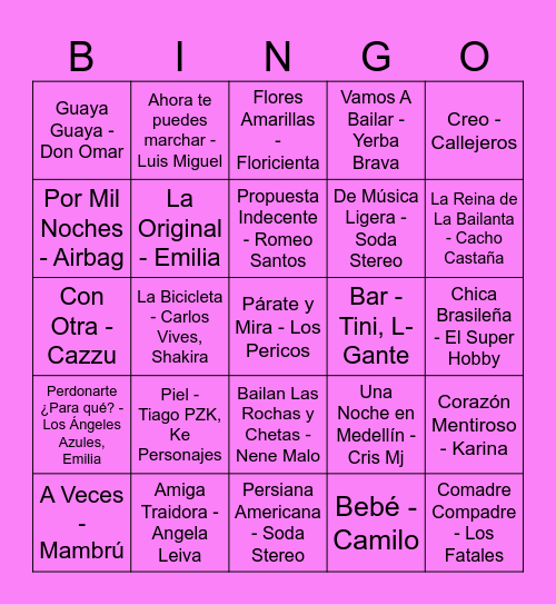 Bingo Musical Bingo Card