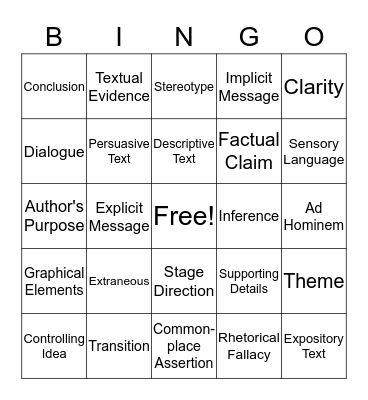 Specific Vocabulary Bingo Card