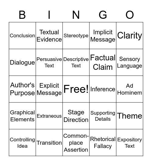 Specific Vocabulary Bingo Card