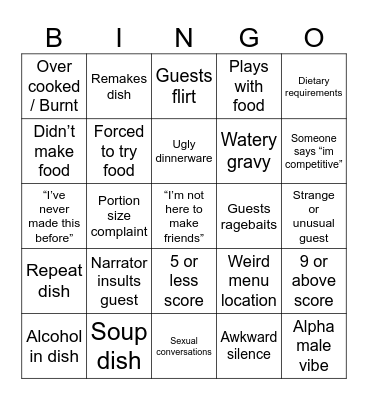 Come dine with me Bingo Card