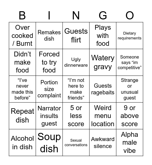 Come dine with me Bingo Card