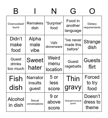 Come dine with me bingo Card