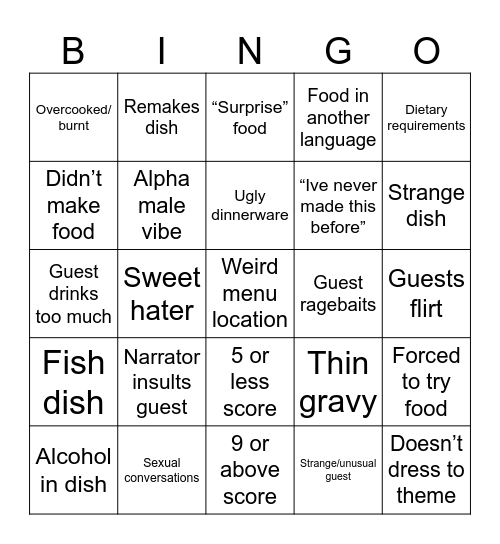 Come dine with me bingo Card