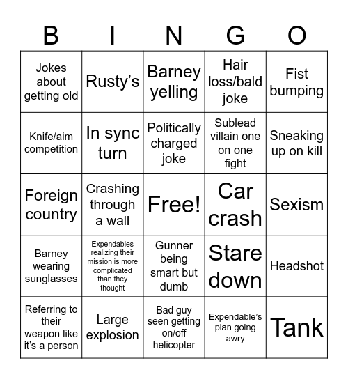 Expendables Bingo Card