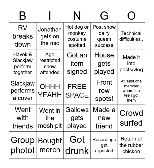 SLACKJAW SHOW BINGO Card