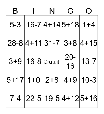 Addition et Soustraction Bingo Card