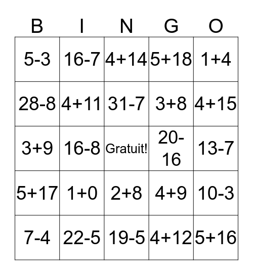 Addition et Soustraction Bingo Card