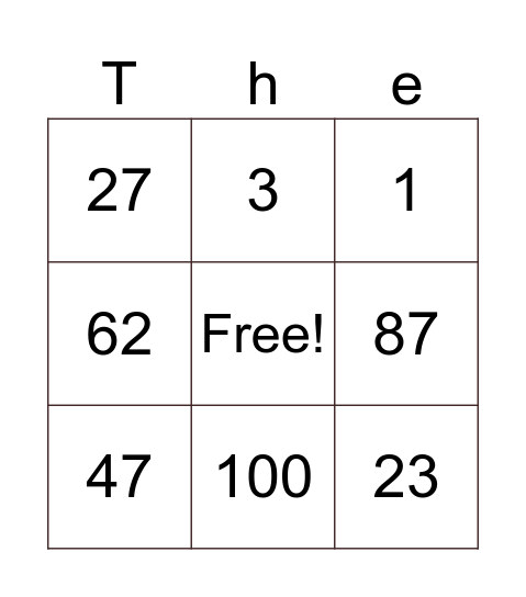 3 x 3 bingo Card