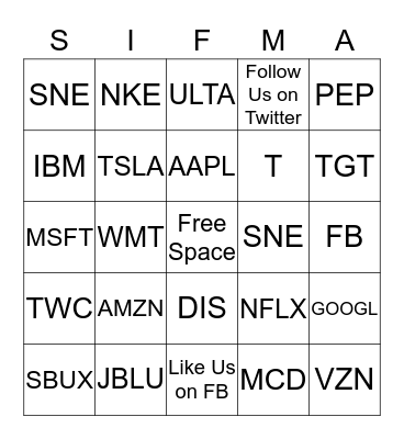 Stock Market Game Bingo Card